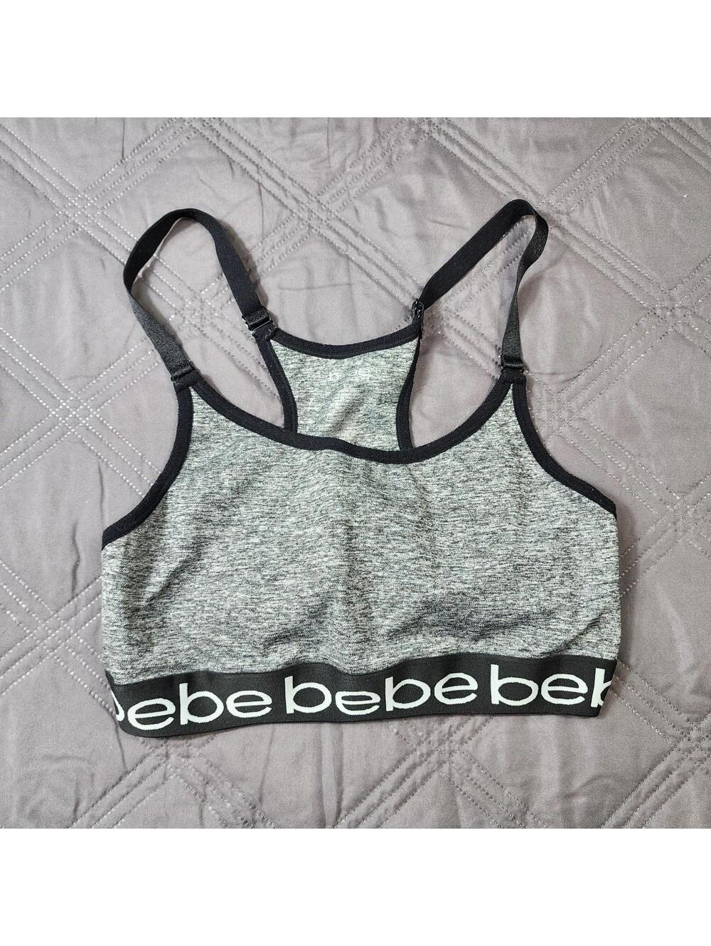 Bebe Sports Bra Women Large Gray Racerback Pullover Adjustable Straps-No pads